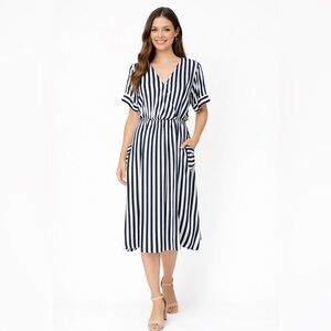 JGee Striped Navy and White Midi Dress with Short Dolman Sleeves V-Neck Preppy